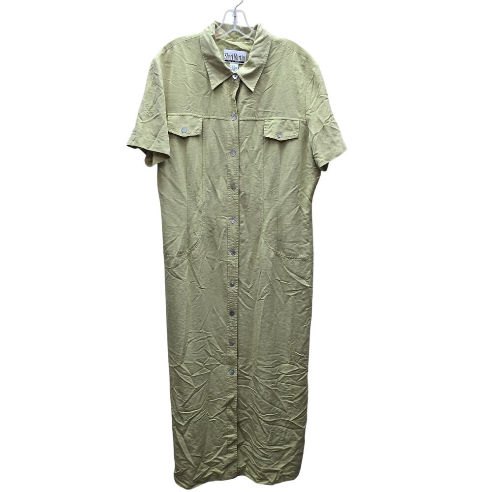 Vintage Sheri Martin New York Short Sleeve Long Button Up Shirt Dress Green 18